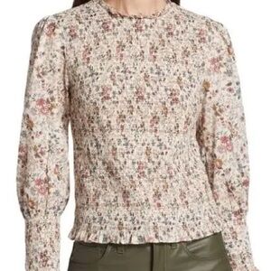Veronica Beard Cream Floral Smocked Long-Sleeve Top